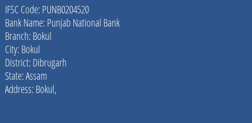Punjab National Bank Bokul Branch Dibrugarh IFSC Code PUNB0204520
