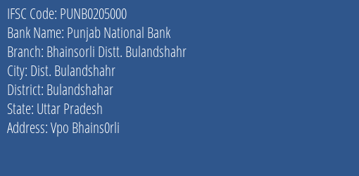 Punjab National Bank Bhainsorli Distt. Bulandshahr Branch Bulandshahar IFSC Code PUNB0205000