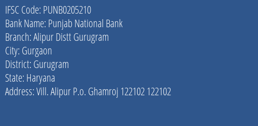 Punjab National Bank Alipur Distt Gurugram Branch Gurugram IFSC Code PUNB0205210