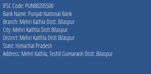 Punjab National Bank Mehri Kathla Distt. Bilaspur Branch IFSC Code
