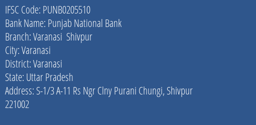 Punjab National Bank Varanasi Shivpur Branch, Branch Code 205510 & IFSC Code Punb0205510