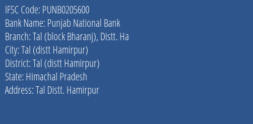 Punjab National Bank Tal Block Bharanj Distt. Ha Branch, Branch Code 205600 & IFSC Code PUNB0205600