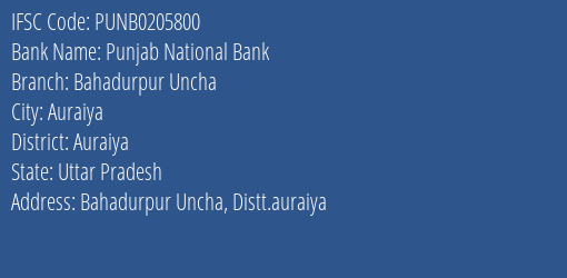 Punjab National Bank Bahadurpur Uncha Branch Auraiya IFSC Code PUNB0205800