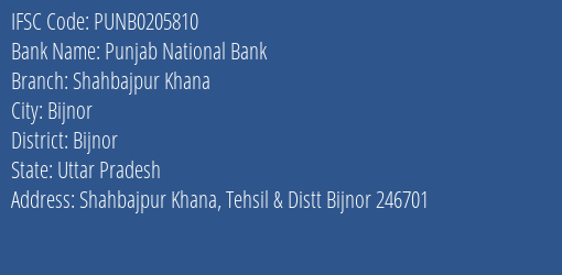 Punjab National Bank Shahbajpur Khana Branch Bijnor IFSC Code PUNB0205810