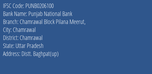 Punjab National Bank Chamrawal Block Pilana Meerut Branch, Branch Code 206100 & IFSC Code Punb0206100