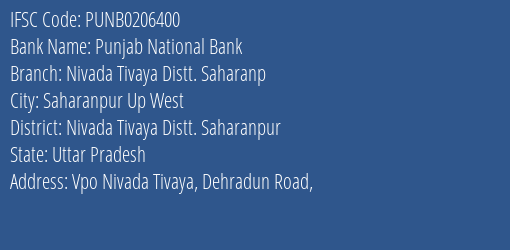 Punjab National Bank Nivada Tivaya Distt. Saharanp Branch Nivada Tivaya Distt. Saharanpur IFSC Code PUNB0206400