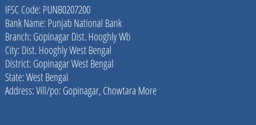 Punjab National Bank Gopinagar Dist. Hooghly Wb Branch Gopinagar West Bengal IFSC Code PUNB0207200