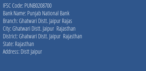 Punjab National Bank Ghatwari Distt. Jaipur Rajas Branch, Branch Code 208700 & IFSC Code PUNB0208700