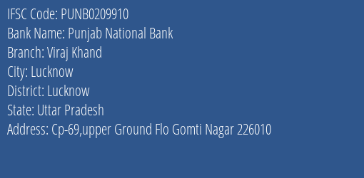Punjab National Bank Viraj Khand Branch Lucknow IFSC Code PUNB0209910