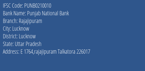 Punjab National Bank Rajajipuram Branch Lucknow IFSC Code PUNB0210010