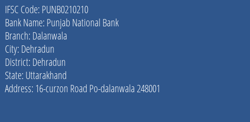 Punjab National Bank Dalanwala Branch Dehradun IFSC Code PUNB0210210