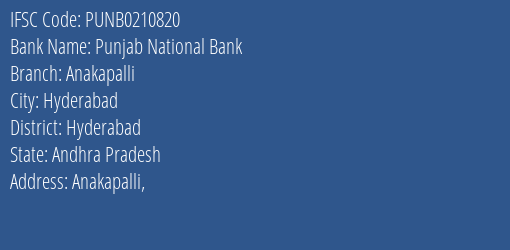 Punjab National Bank Anakapalli Branch, Branch Code 210820 & IFSC Code PUNB0210820