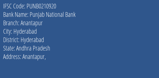 Punjab National Bank Anantapur Branch Hyderabad IFSC Code PUNB0210920