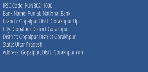 Punjab National Bank Gopalpur Distt. Gorakhpur Up Branch Gopalpur District Gorakhpur IFSC Code PUNB0211000