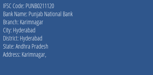 Punjab National Bank Karimnagar Branch, Branch Code 211120 & IFSC Code PUNB0211120