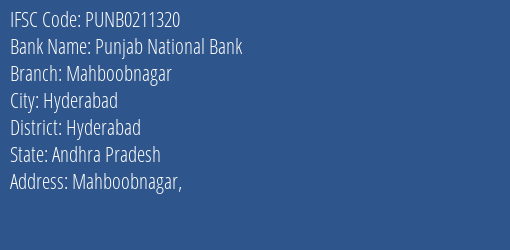 Punjab National Bank Mahboobnagar Branch, Branch Code 211320 & IFSC Code PUNB0211320