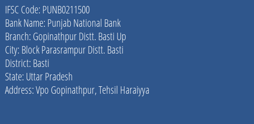 Punjab National Bank Gopinathpur Distt. Basti Up Branch, Branch Code 211500 & IFSC Code Punb0211500