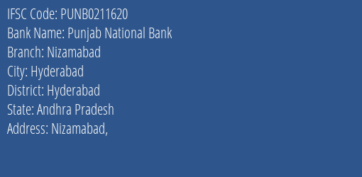 Punjab National Bank Nizamabad Branch, Branch Code 211620 & IFSC Code Punb0211620