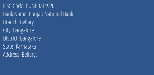 Punjab National Bank Bellary Branch Bangalore IFSC Code PUNB0211920
