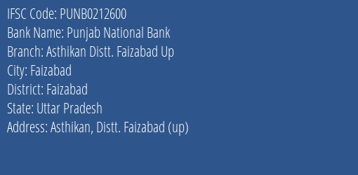 Punjab National Bank Asthikan Distt. Faizabad Up Branch, Branch Code 212600 & IFSC Code Punb0212600