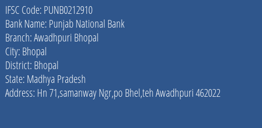 Punjab National Bank Awadhpuri Bhopal Branch IFSC Code