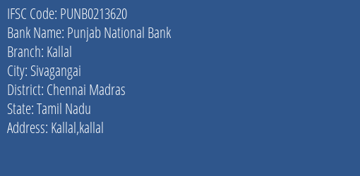 Punjab National Bank Kallal Branch, Branch Code 213620 & IFSC Code PUNB0213620