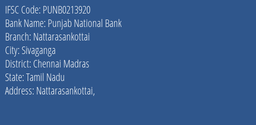 Punjab National Bank Nattarasankottai Branch, Branch Code 213920 & IFSC Code PUNB0213920