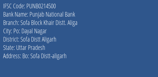 Punjab National Bank Sofa Block Khair Distt. Aliga Branch Sofa Distt Aligarh IFSC Code PUNB0214500