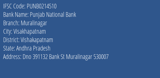 Punjab National Bank Muralinagar Branch, Branch Code 214510 & IFSC Code PUNB0214510
