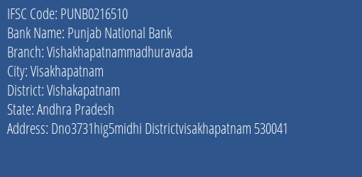 Punjab National Bank Vishakhapatnammadhuravada Branch, Branch Code 216510 & IFSC Code PUNB0216510