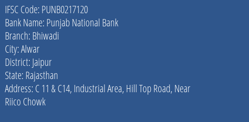 Punjab National Bank Bhiwadi Branch, Branch Code 217120 & IFSC Code PUNB0217120