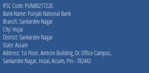 Punjab National Bank Sankardev Nagar Branch Sankardev Nagar IFSC Code PUNB0217220
