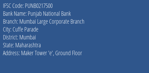 Punjab National Bank Mumbai Large Corporate Branch Branch IFSC Code