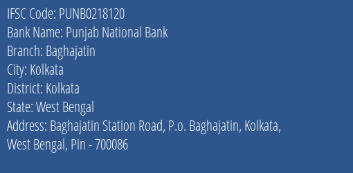 Punjab National Bank Baghajatin Branch, Branch Code 218120 & IFSC Code PUNB0218120