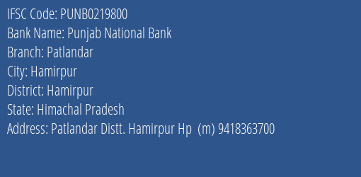 Punjab National Bank Patlandar Branch, Branch Code 219800 & IFSC Code PUNB0219800