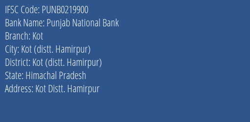 Punjab National Bank Kot Branch IFSC Code