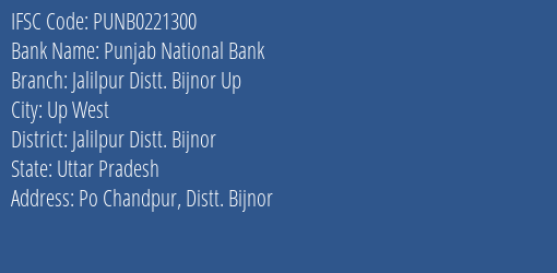 Punjab National Bank Jalilpur Distt. Bijnor Up Branch Jalilpur Distt. Bijnor IFSC Code PUNB0221300