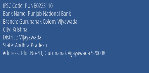 Punjab National Bank Gurunanak Colony Vijyawada Branch, Branch Code 223110 & IFSC Code Punb0223110