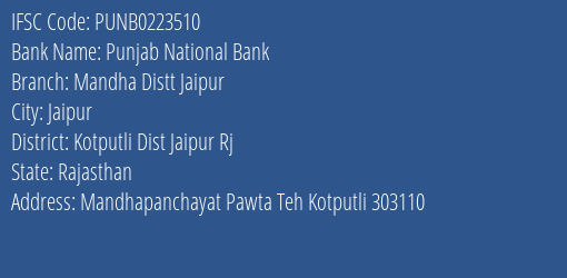 Punjab National Bank Mandha Distt Jaipur Branch IFSC Code