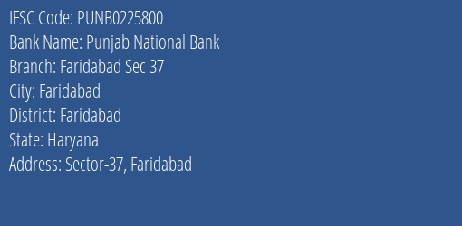 Punjab National Bank Faridabad Sec 37 Branch, Branch Code 225800 & IFSC Code PUNB0225800