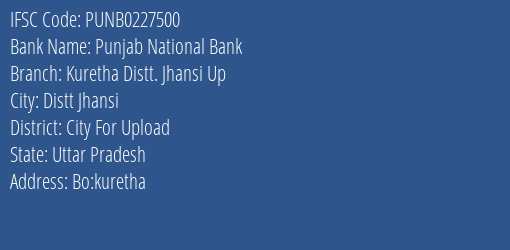 Punjab National Bank Kuretha Distt. Jhansi Up Branch, Branch Code 227500 & IFSC Code Punb0227500