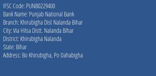 Punjab National Bank Khirubigha Dist Nalanda Bihar Branch Khirubigha Nalanda IFSC Code PUNB0229400