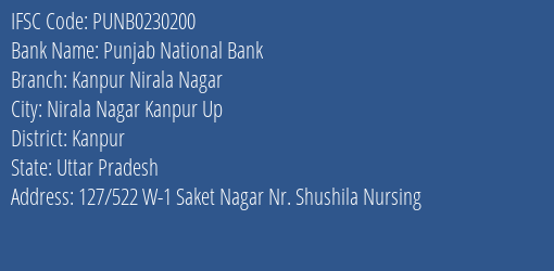 Punjab National Bank Kanpur Nirala Nagar Branch, Branch Code 230200 & IFSC Code PUNB0230200