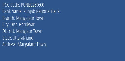 Punjab National Bank Mangalaur Town Branch Manglaur Town IFSC Code PUNB0250600