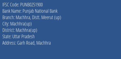 Punjab National Bank Machhra Distt. Meerut Up Branch, Branch Code 251900 & IFSC Code Punb0251900