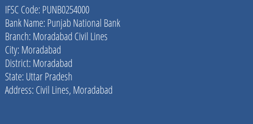 Punjab National Bank Moradabad Civil Lines Branch Moradabad IFSC Code PUNB0254000