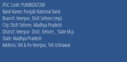 Punjab National Bank Veerpur Distt Sehore Mp Branch Veerpur Distt. Sehore State M.p IFSC Code PUNB0267200