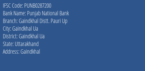 Punjab National Bank Gaindkhal Distt. Pauri Up Branch Gaindkhal Ua IFSC Code PUNB0287200
