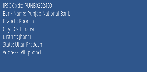 Punjab National Bank Poonch Branch Jhansi IFSC Code PUNB0292400