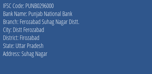 Punjab National Bank Ferozabad Suhag Nagar Distt. Branch, Branch Code 296000 & IFSC Code Punb0296000